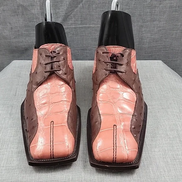 MAURI ITALY Lace Up ALLIGATOR Oxford SHOES Pink / Brown Leather MEN'S US 9.5M